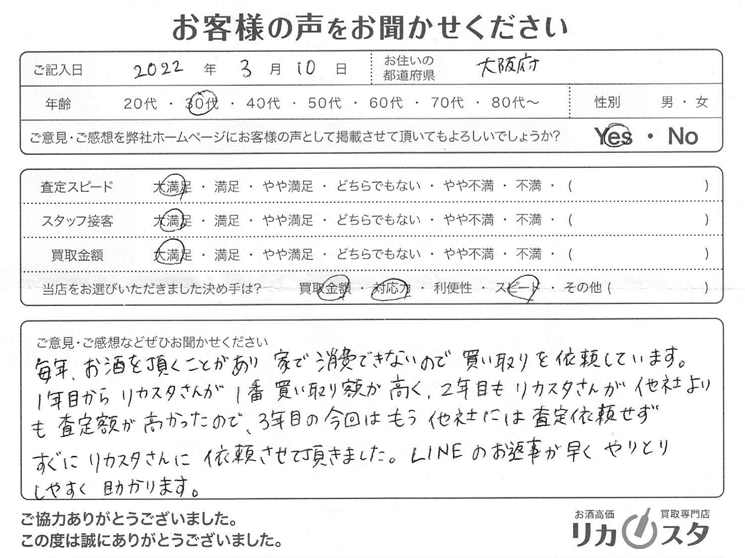 大阪府のお酒の買取